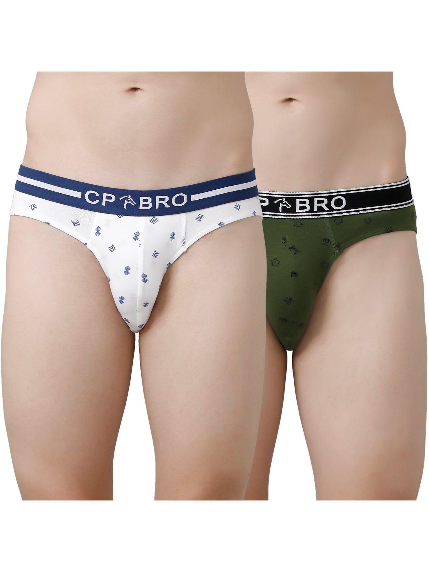 printed briefs with exposed waistband value - white & olive green (pack of 2)