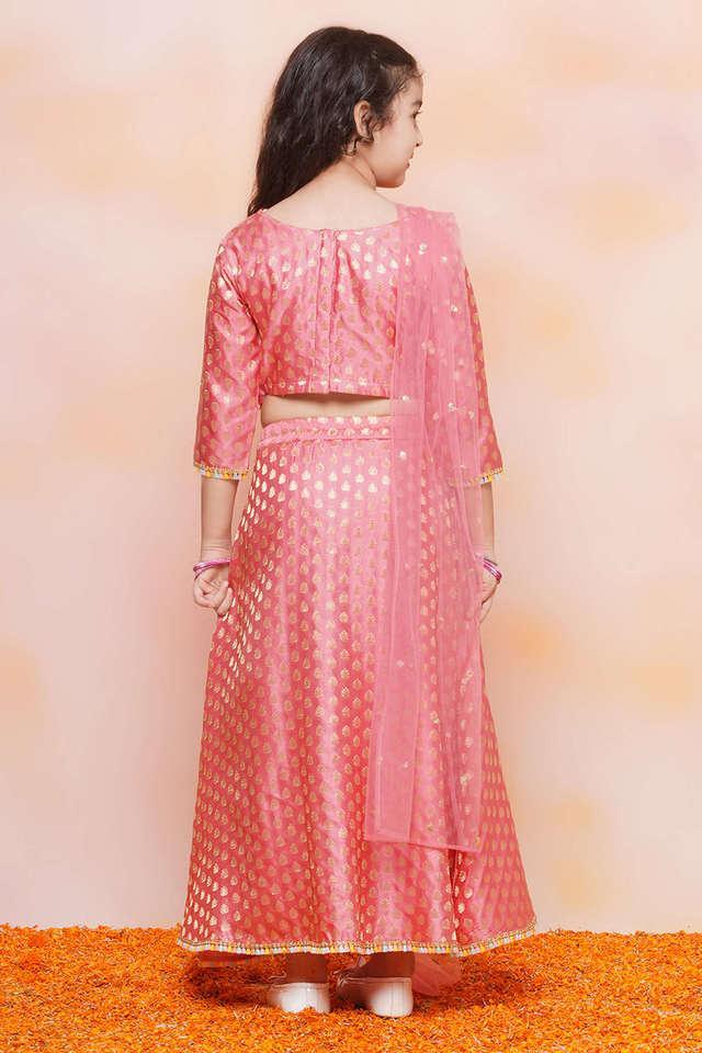 printed brocade regular fit girls lehenga choli set - pink
