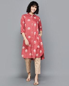 printed button-down a-line kurti with insert pockets