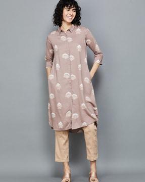 printed button-down a-line kurti with insert pockets