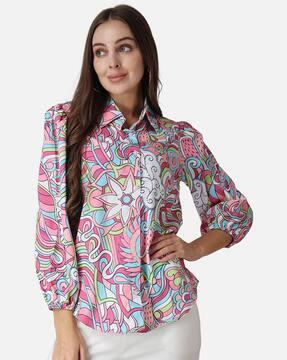 printed button-down shirt with spread collar