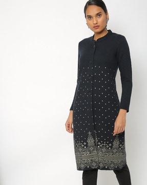 printed button-down shrug with band collar