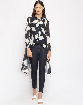 printed button-down shrug with high-low hem