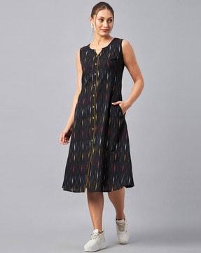 printed button-front a-line dress