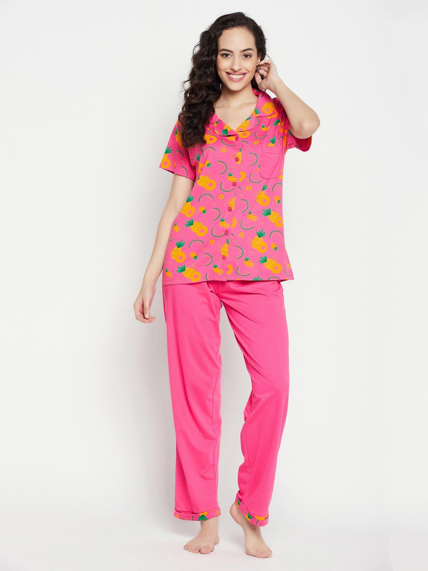 printed button me up shirt & pyjama- 100 percent cotton-pink pink (set of 2)