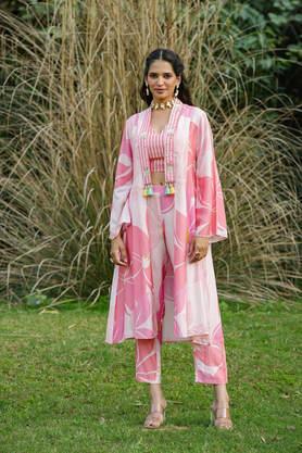 printed calf length art silk woven women's co-ord set - pink