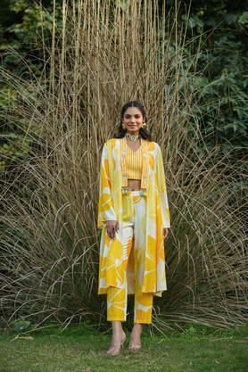 printed calf length art silk woven women's co-ord set - yellow