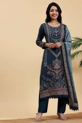 printed calf length blended fabric woven women's kurta set - blue