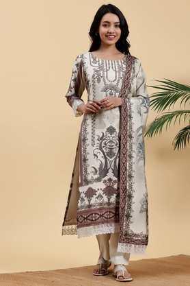 printed calf length blended fabric woven women's kurta set - natural