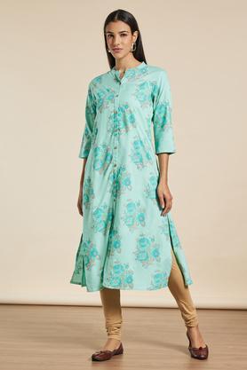 printed calf length casual wear kurta - aqua