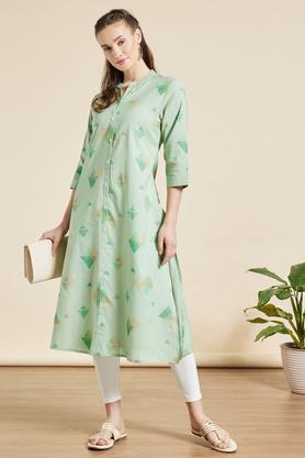 printed calf length casual wear kurta - green