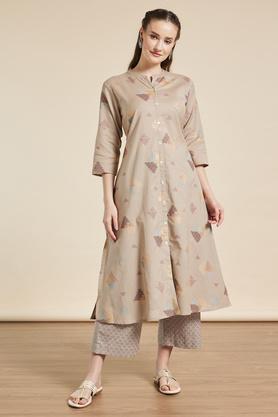 printed calf length casual wear kurta - grey