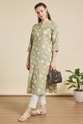 printed calf length casual wear kurta - olive