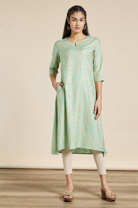 printed calf length casual wear kurta - teal