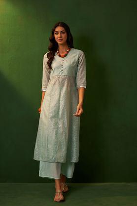 printed calf length chanderi knitted women's kurta set - aqua