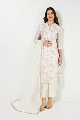 printed calf length chanderi woven women's a line kurta pant dupatta set - off white