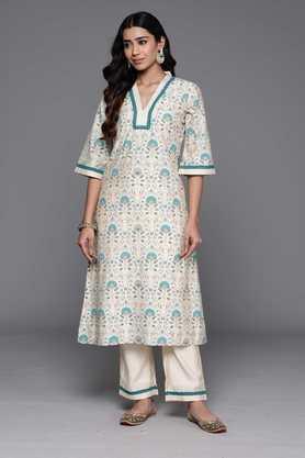 printed calf length chanderi woven women's a-line kurta set - natural