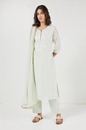 printed calf length chanderi woven women's straight kurta pant dupatta set - mint
