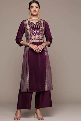 printed calf length chiffon knit women's kurta palazzo set - purple