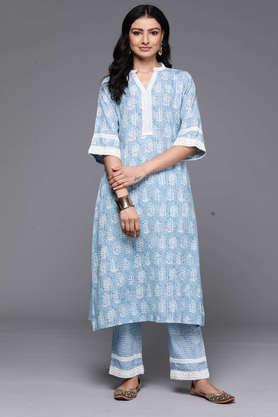 printed calf length cotton blend woven women's a line kurta set - blue