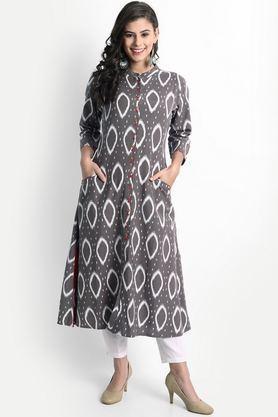 printed calf length cotton knitted women's kurta set - grey