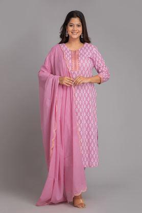 printed calf length cotton knitted women's kurta set - pink