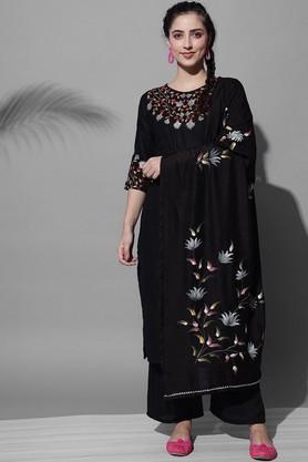 printed calf length cotton women's kurta set - black