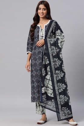 printed calf length cotton women's kurta set - black