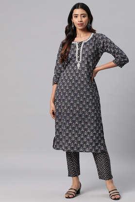 printed calf length cotton women's kurta set - black