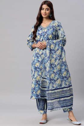 printed calf length cotton women's kurta set - blue