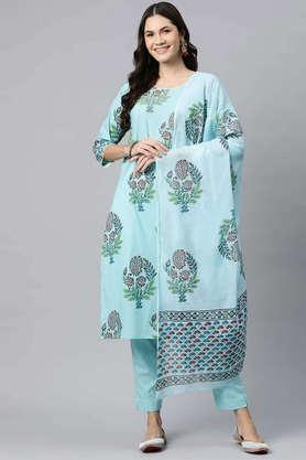 printed calf length cotton women's kurta set - blue