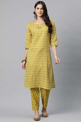 printed calf length cotton women's kurta set - gold