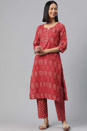 printed calf length cotton women's kurta set - maroon