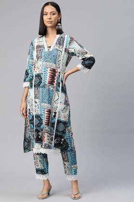 printed calf length cotton women's kurta set - multi