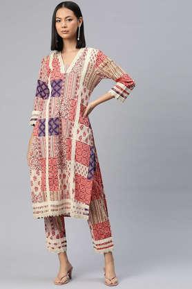 printed calf length cotton women's kurta set - peach