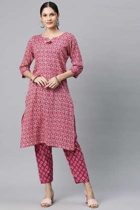 printed calf length cotton women's kurta set - pink