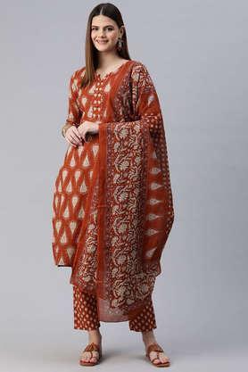 printed calf length cotton women's kurta set - rust