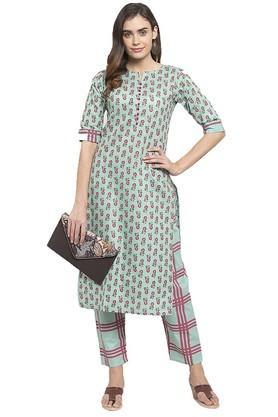 printed calf length cotton women's kurta set - sky blue