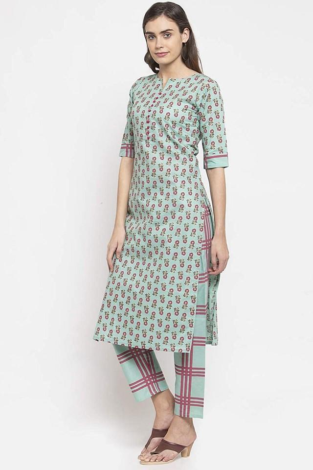 printed calf length cotton womens kurta set