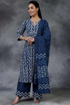 printed calf length cotton woven women's kurta set - blue