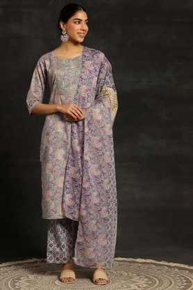 printed calf length cotton woven women's kurta set - blue