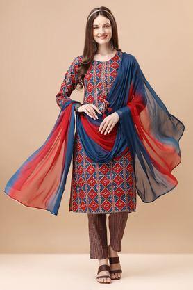 printed calf length cotton woven women's kurta set - brick red