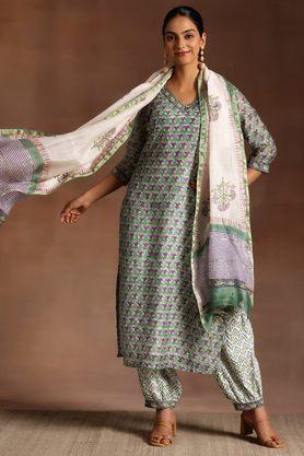 printed calf length cotton woven women's kurta set - green