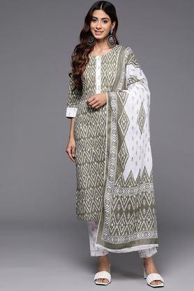 printed calf length cotton woven women's kurta set - grey