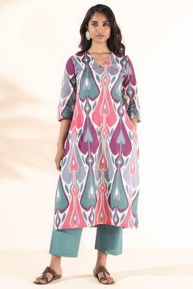 printed calf length cotton woven women's kurta set - grey