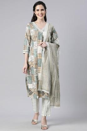 printed calf length cotton woven women's kurta set - natural
