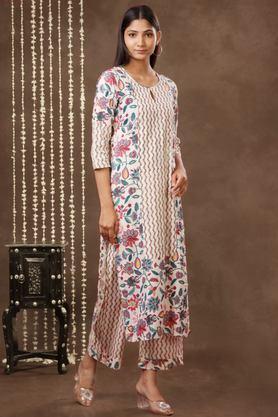 printed calf length cotton woven women's kurta set - natural