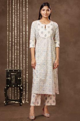 printed calf length cotton woven women's kurta set - natural