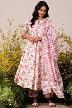 printed calf length cotton woven women's kurta set - off white