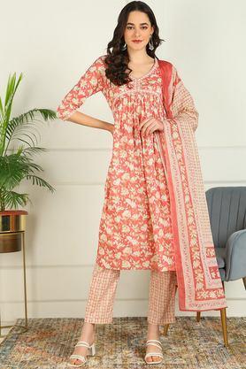 printed calf length cotton woven women's kurta set - peach